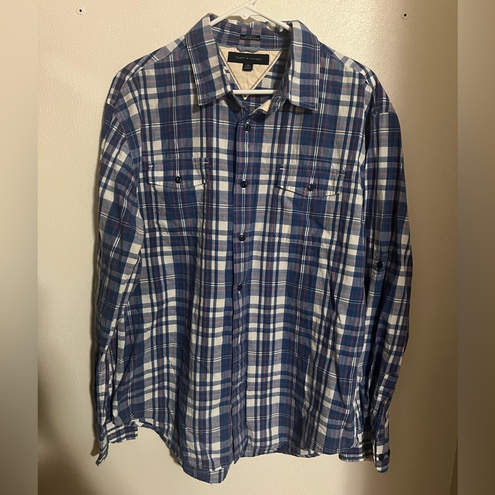 TOMMY HILFIGER Custom Fit Plaid Button Down Shirt Red White Blue Men's Size XL